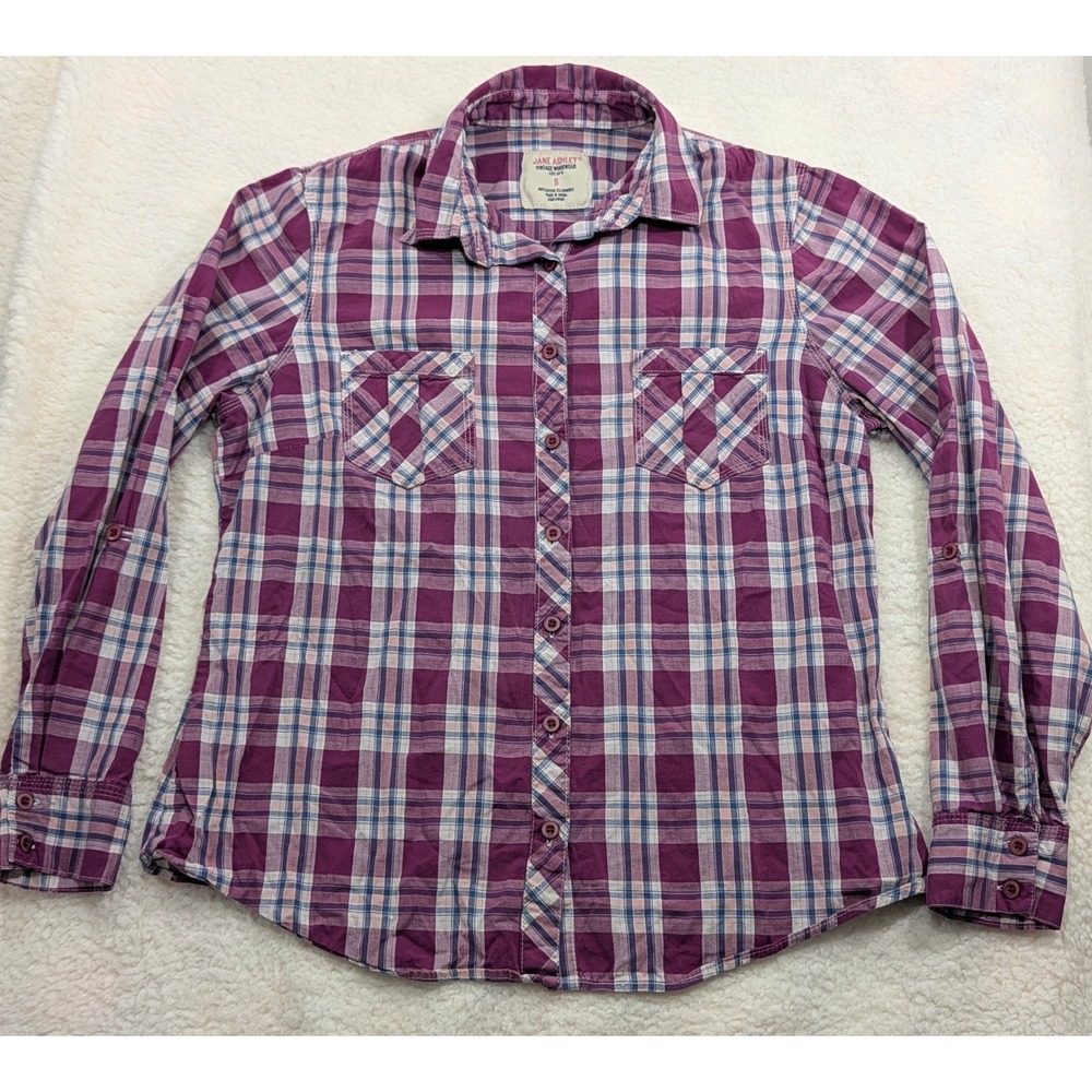 Jane Ashley Vintage Workwear Button Down Shirt Small Purple Plaid Roll Tab